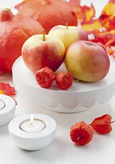 Decorative Pumpkins Drucke: Apples and pumpkins on the autumn table