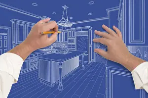 Blueprints For Homes Drucke: Architect drawing kitchen design blueprint