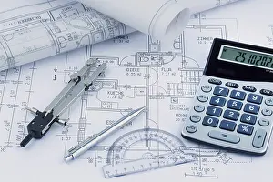European Construction Project Drucke: An architect's construction plan with a calculator