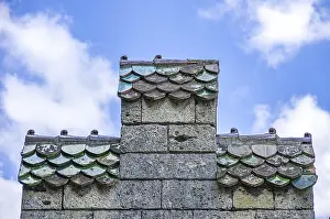 Close Up Building Exterior Drucke: Architectural detail stepped gable with tile roofing