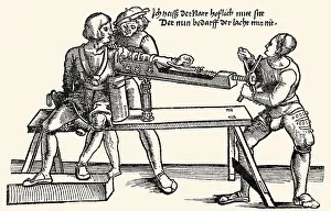 European Medicine History Drucke: Arm extension on a stretching rack