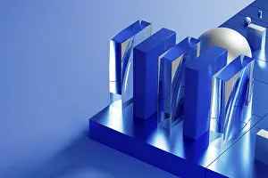 Drucke von Ein Array geometrischer Formen aus blauem Material beleuchtet einen atemberaubenden 3D-Technologie-Hintergrund, der sich durch reflektierende Oberflächen und komplexe Designs auszeichnet Minimalistische Kunstwerke Drucke: Blaue geometrische Formen beleuchten ein beeindruckendes 3D-Technologielandschaft
