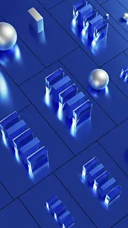 Drucke von In einer atemberaubenden 3D-Technologien-Umgebung leuchten eine Reihe geometrischer Formen in blau, ihre reflektierenden Oberflächen und feinen Designs offenbarend Minimalistische Kunstwerke Drucke: Blaue geometrische Formen in einem beeindruckenden 3D-Technologiemilieu