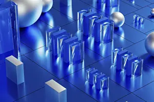 Modern Architectural Style Drucke: An array of geometric forms cast in blue illuminates a stunning 3D technological environment