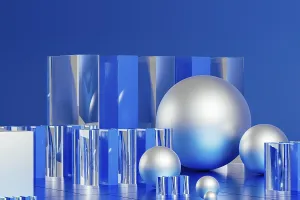 Minimalist Architectural Style Drucke: An array of geometric forms cast in blue illuminates a stunning 3D technological environment