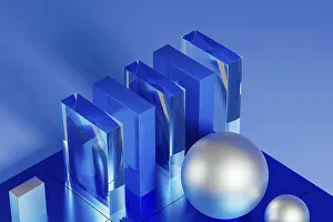 Blue Geometric Forms Drucke: An array of geometric forms cast in blue illuminates a stunning 3D technological environment