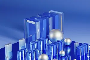 Blue Geometric Forms Drucke: An array of geometric forms cast in blue illuminates a stunning 3D technological environment