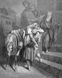 Steel Engraving Doré Drucke: Arrival of the Samaritan in front of the inn