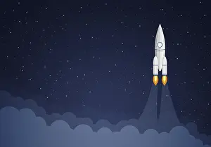 Symbolic Rocket Image Drucke: Art launch rocket with sky space. Startup concept