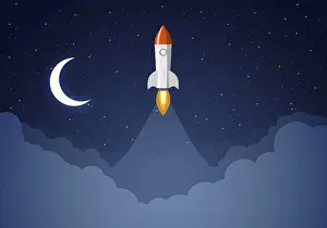 Pictogram Of A Rocket Ship Drucke: Art launch rocket with sky space. Startup concept