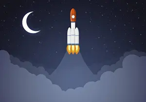 Astronomical Symbolism Drucke: Art launch rocket with sky space. Startup concept