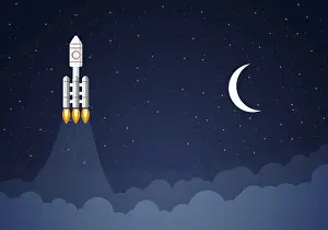 Futuristic Space Art Drucke: Art launch rocket with sky space. Startup concept