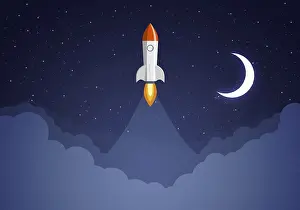 Futuristic Space Art Drucke: Art launch rocket with sky space. Startup concept