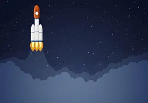Symbolic Rocket Image Drucke: Art launch rocket with sky space. Startup concept