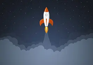 Symbolic Rocket Image Drucke: Art launch rocket with sky space. Startup concept