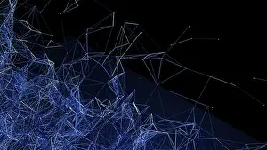 Modern Architecture Illustration Drucke: This artistic representation features a complex interplay of geometric shapes set against a dark blue backdrop