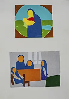 Collagetechniken Drucke: Dieses Kunstwerk zeigt zwei lebendige Szenen, die mit gemalten Elementen erstellt wurden.