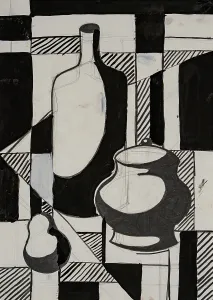 Geometric Patterns Drucke: This artwork showcases an abstract composition featuring a bottle
