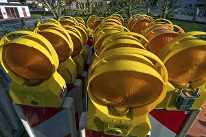 Bavaria Germany Photography Drucke: Assembled construction site lights at a cleared construction site