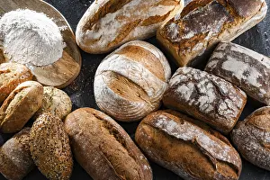 Breakfast Food Images Drucke: Assorted bakery products including loafs of bread and rolls