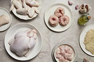 Fresh Ingredients Drucke: Assorted raw chicken cuts displayed on plates
