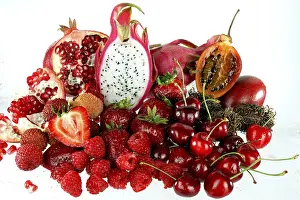Indoor Plant Photography Drucke: Assorted red fruit on white background