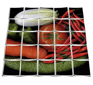 Dark Background Food Photography Drucke: Assorted vegetables on black background collage composition of multiple images over white