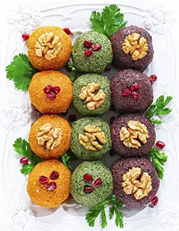 Healthy Vegetarian Meal Ideas Drucke: Assortment of Pkhali, pumpkin, spinach and beetroot