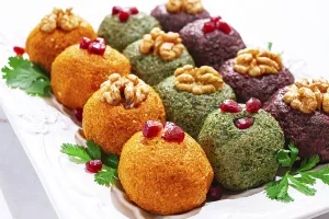 Colorful Vegetable Arrangement Drucke: Assortment of Pkhali, pumpkin, spinach and beetroot