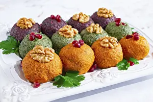 Colorful Vegetable Plate Drucke: Assortment of Pkhali, pumpkin, spinach and beetroot