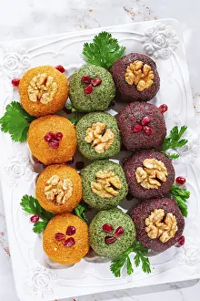 Nutritious Vegetable Dishes Drucke: Assortment of Pkhali, pumpkin, spinach and beetroot
