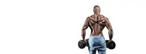 Athletic Build Drucke: The athlete performs an exercise with dumbbells on a white background