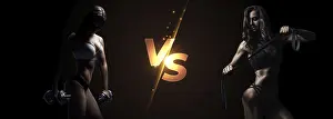 Bodybuilding Concept Image Drucke: Two athletes posing against a black background