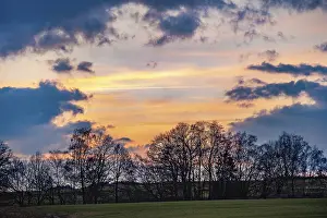 Evening Light In Europe Drucke: Atmospheric sunset with cloudy sky and trees and fields in the foreground