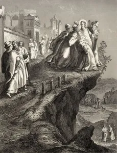 Rocky Cliff Landscapes Drucke: The attempt to throw Christ off a cliff