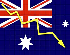 Uninhabited State Flags Drucke: The Australian flag and arrow graph going down