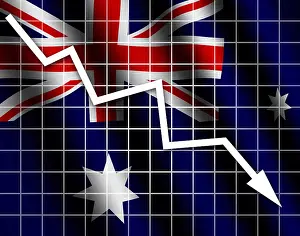 Australian Flag Drucke: The Australian flag and arrow graph going down