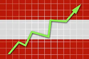 Empty Banner Design Drucke: The Austrian flag and arrow graph going up
