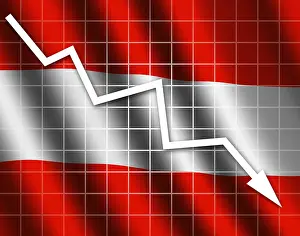 Empty European Landscapes Drucke: The Austrian flag and arrow graph going down