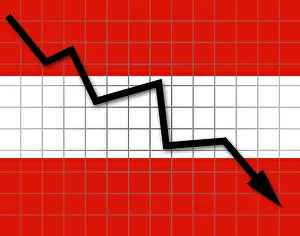 European Flags Drucke: The Austrian flag and arrow graph going down