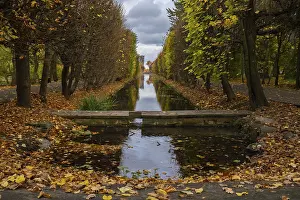 Deserted Waterfront Scenery Drucke: Autumn leaves float on the surface of the water