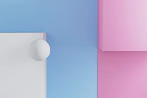 Minimalist Decorative Item Drucke: Background of an abstract composition features a spherical shape and geometric elements in blue and pink tones