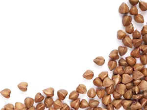 Healthy Food Concept Drucke: Background of buckwheat with copy space