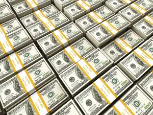 Drucke von Reihe von Geldscheinen, die sich in einem Stapel befinden Clackmannanshire Drucke: Bündel US-Dollar in Reihen