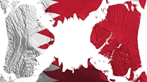 Drucke von Der bahrainische Flaggenfahne flattert im Wind, über weißem Hintergrund, 3D-Rendering Bahrain Drucke: Der bahrainische Flagge flattert im Wind.