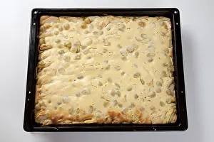 High Angle View Photos Drucke: Baking tray with a baked apple and grape slice