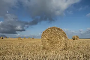 Cloudy Atmosphere Drucke: Bale of straw on a stubble field