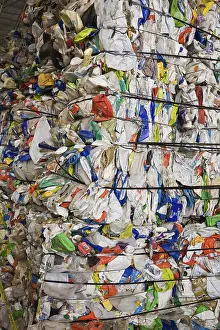 Deserted Recycling Yard Drucke: Bales of recyclable plastic containers at a sorting centre