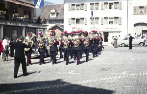 Central European Historic Quarters Drucke: Bandsmen playing marching in square