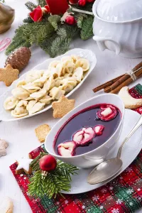 Christmas Eve Dinner Inspiration Drucke: Barszcz (beetroot soup) with small pierogi